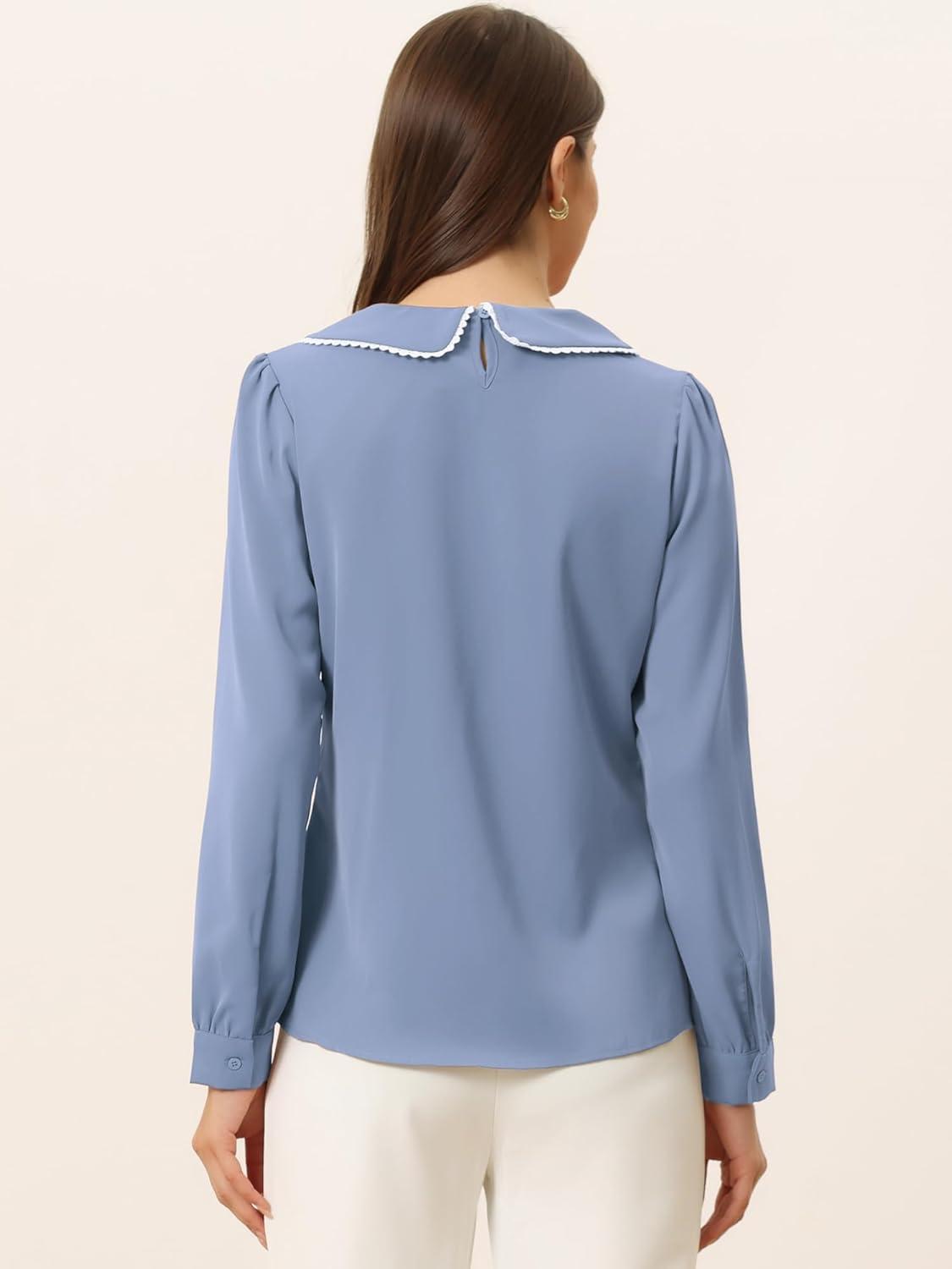 imageAllegra K Womens Vintage Peter Pan Collar Shirt Cute Lacy Trim Long Sleeve BlouseDusty Blue