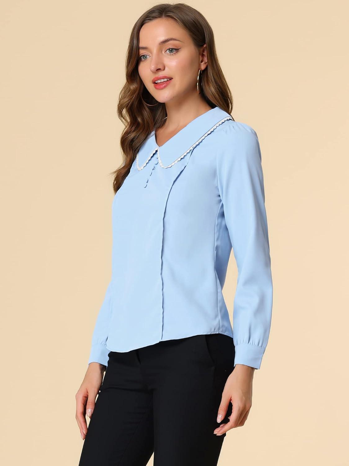 imageAllegra K Womens Vintage Peter Pan Collar Shirt Cute Lacy Trim Long Sleeve BlouseLight Blue