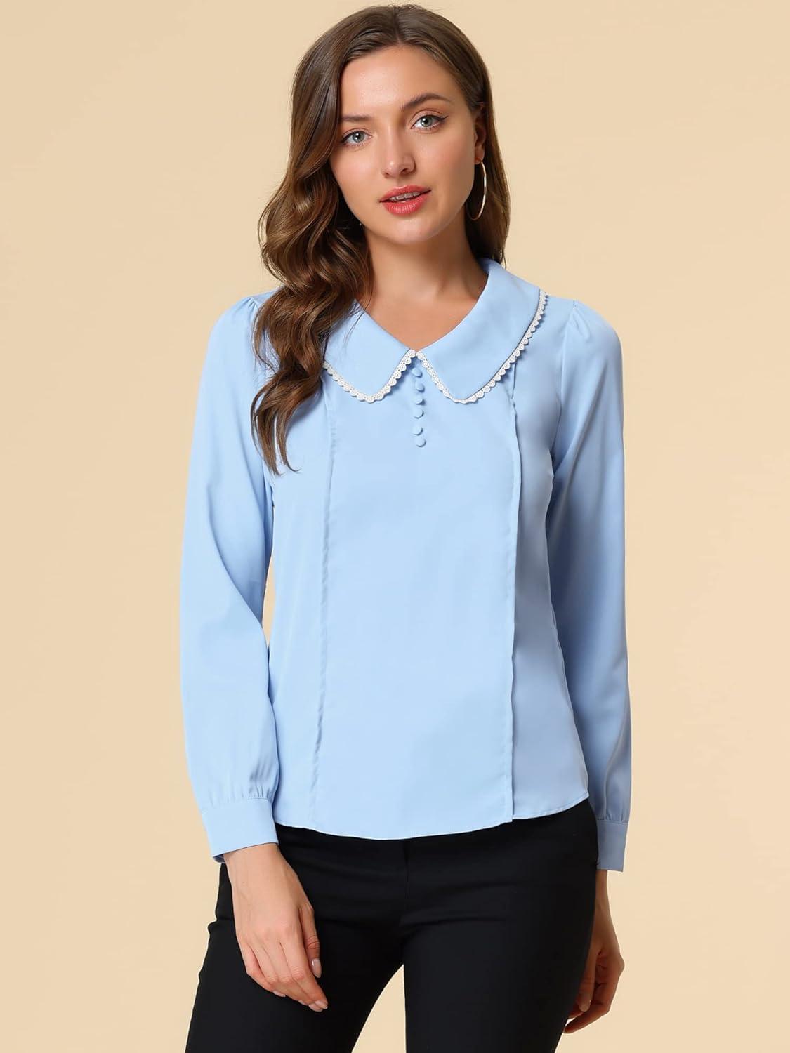 imageAllegra K Womens Vintage Peter Pan Collar Shirt Cute Lacy Trim Long Sleeve BlouseLight Blue