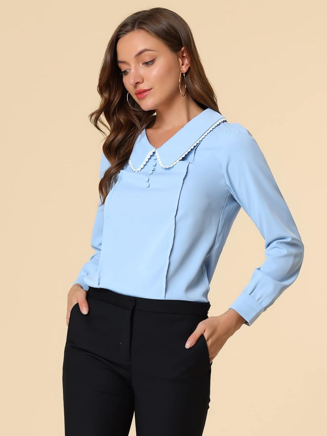 imageAllegra K Womens Vintage Peter Pan Collar Shirt Cute Lacy Trim Long Sleeve BlouseLight Blue