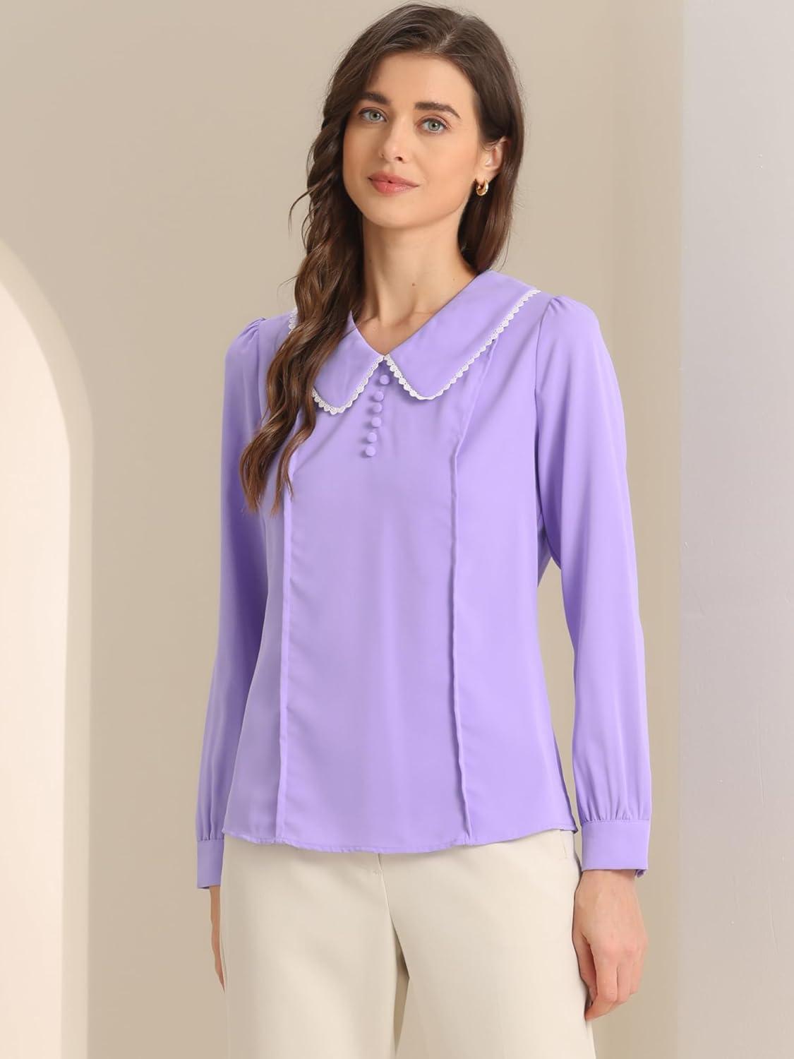 imageAllegra K Womens Vintage Peter Pan Collar Shirt Cute Lacy Trim Long Sleeve BlouseLight Purple