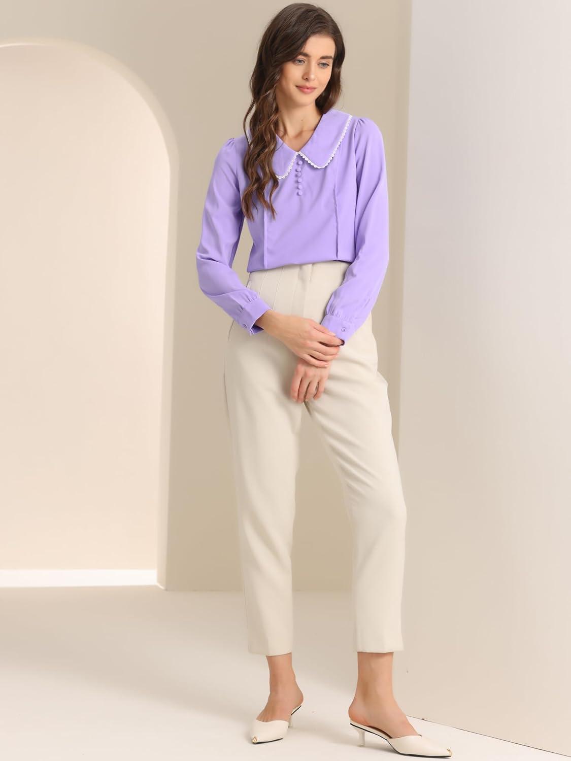 imageAllegra K Womens Vintage Peter Pan Collar Shirt Cute Lacy Trim Long Sleeve BlouseLight Purple