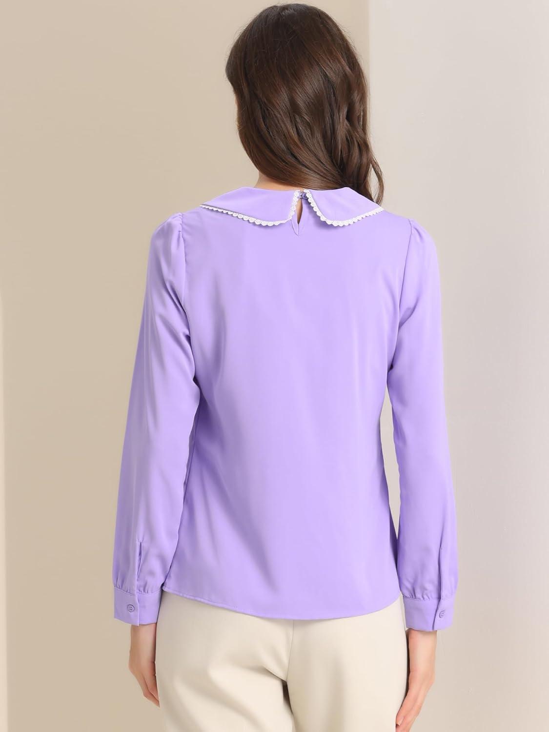 imageAllegra K Womens Vintage Peter Pan Collar Shirt Cute Lacy Trim Long Sleeve BlouseLight Purple
