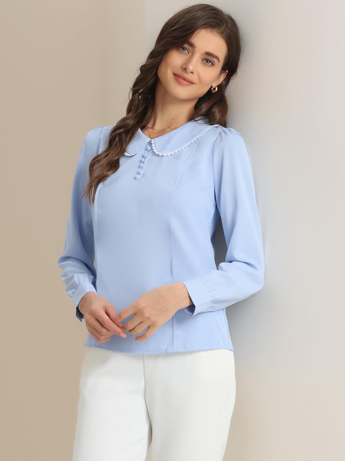 imageAllegra K Womens Vintage Peter Pan Collar Shirt Cute Lacy Trim Long Sleeve BlouseSky Blue