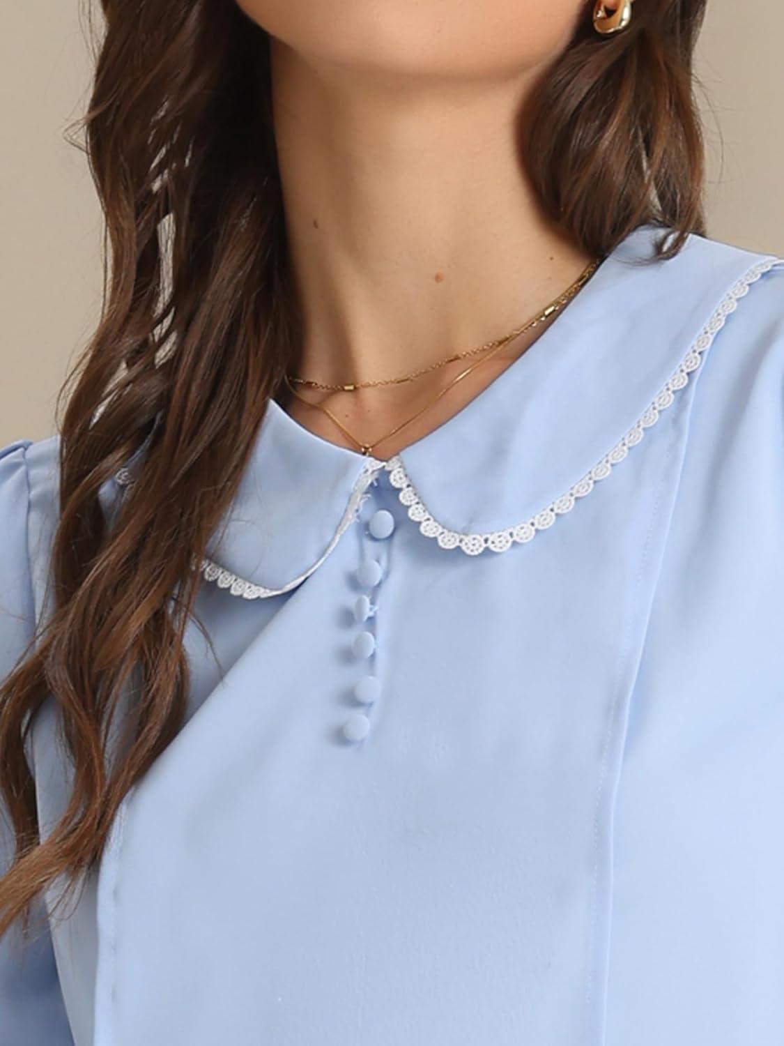 imageAllegra K Womens Vintage Peter Pan Collar Shirt Cute Lacy Trim Long Sleeve BlouseSky Blue