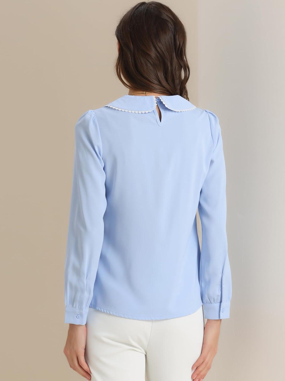 imageAllegra K Womens Vintage Peter Pan Collar Shirt Cute Lacy Trim Long Sleeve BlouseSky Blue