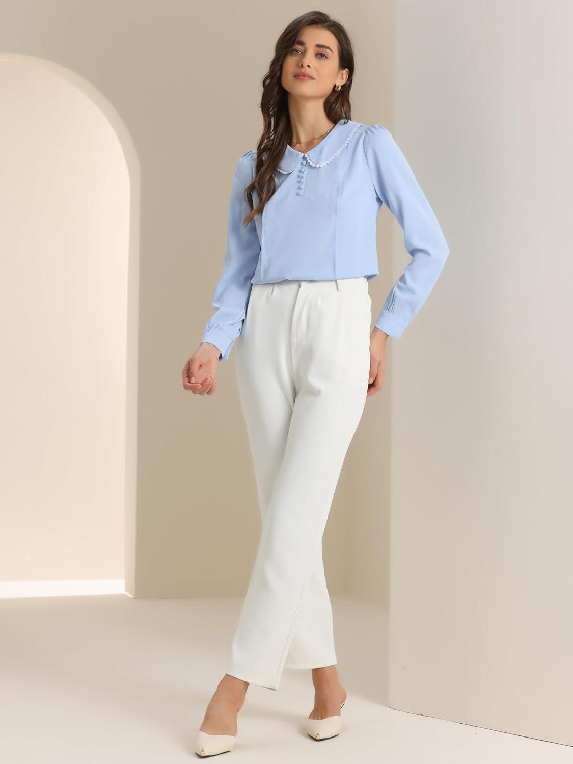 imageAllegra K Womens Vintage Peter Pan Collar Shirt Cute Lacy Trim Long Sleeve BlouseSky Blue