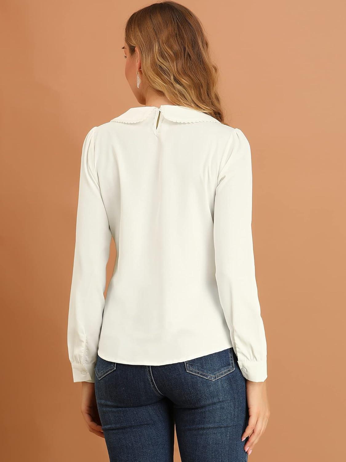 imageAllegra K Womens Vintage Peter Pan Collar Shirt Cute Lacy Trim Long Sleeve BlouseWhite