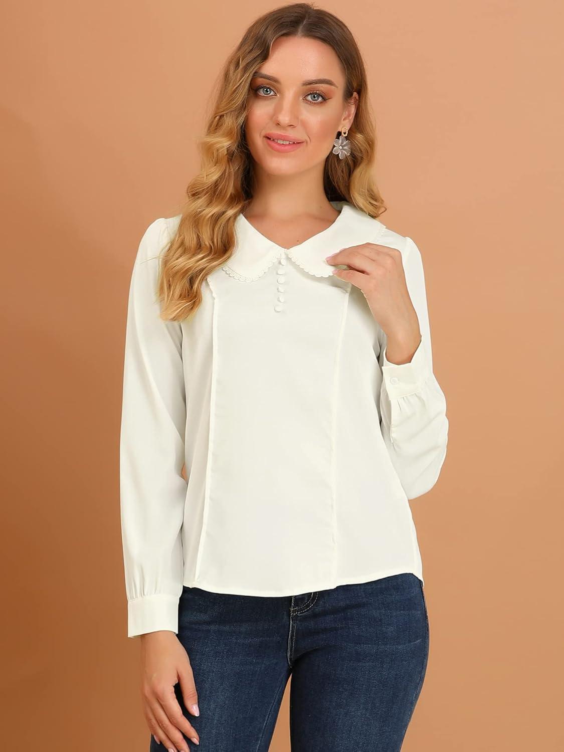 imageAllegra K Womens Vintage Peter Pan Collar Shirt Cute Lacy Trim Long Sleeve BlouseWhite