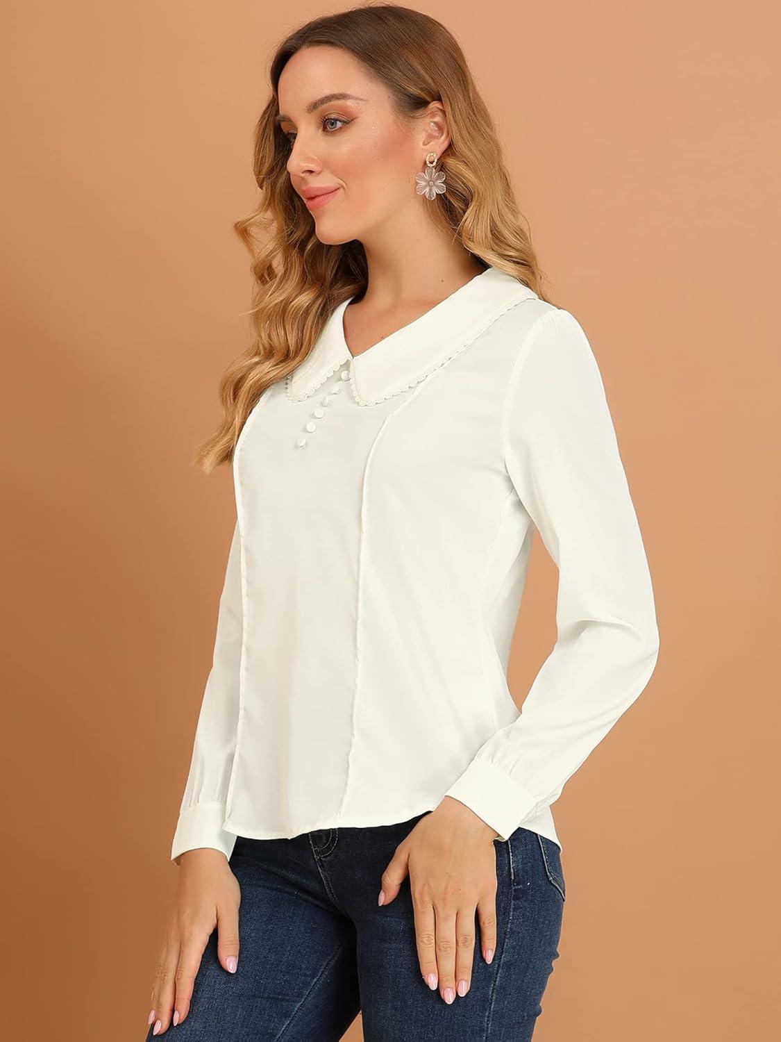 imageAllegra K Womens Vintage Peter Pan Collar Shirt Cute Lacy Trim Long Sleeve BlouseWhite