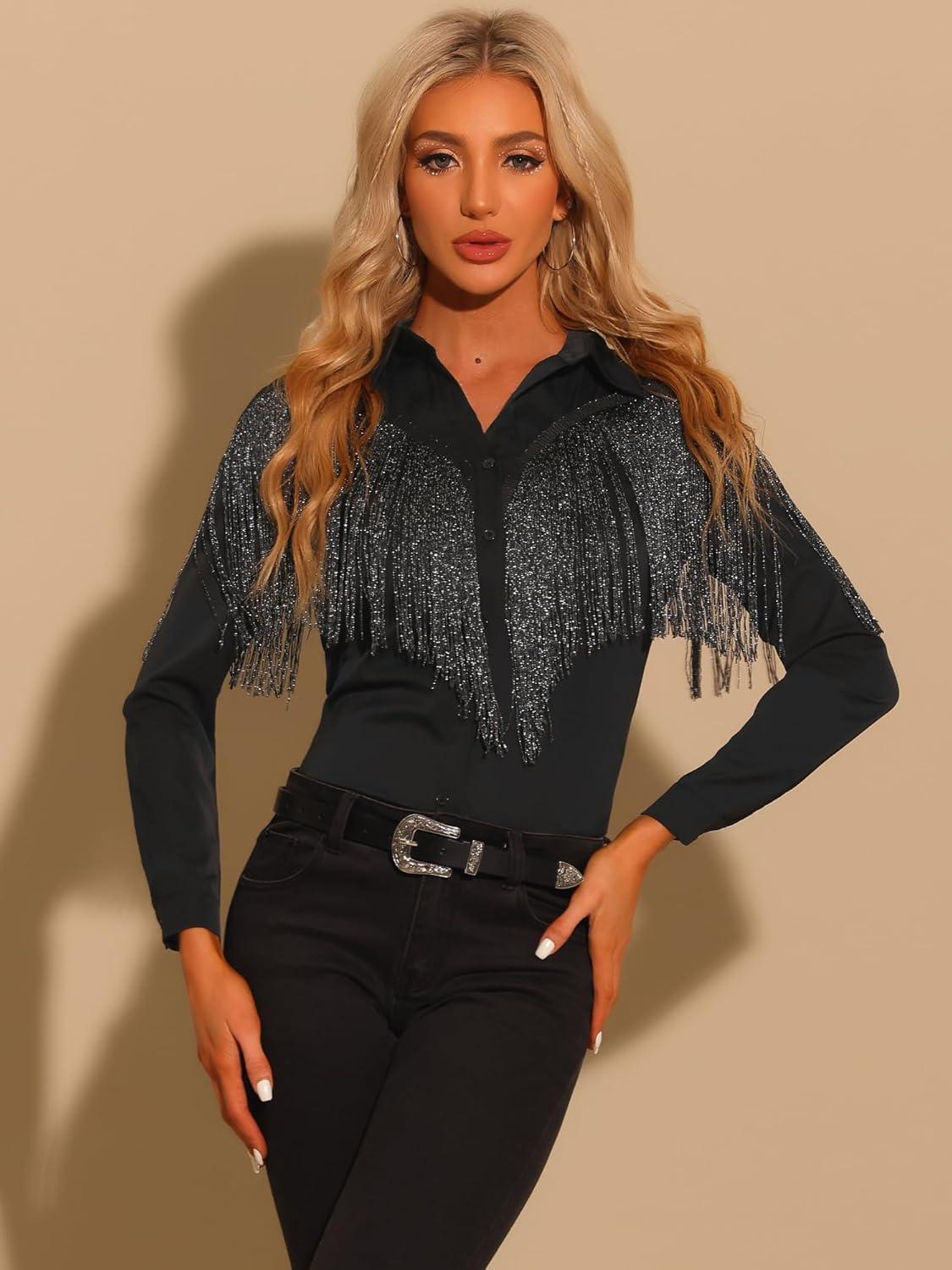 imageAllegra K Womens Western Fringe Blouse Long Sleeve Button Down Disco Cowgirl ShirtsBlack