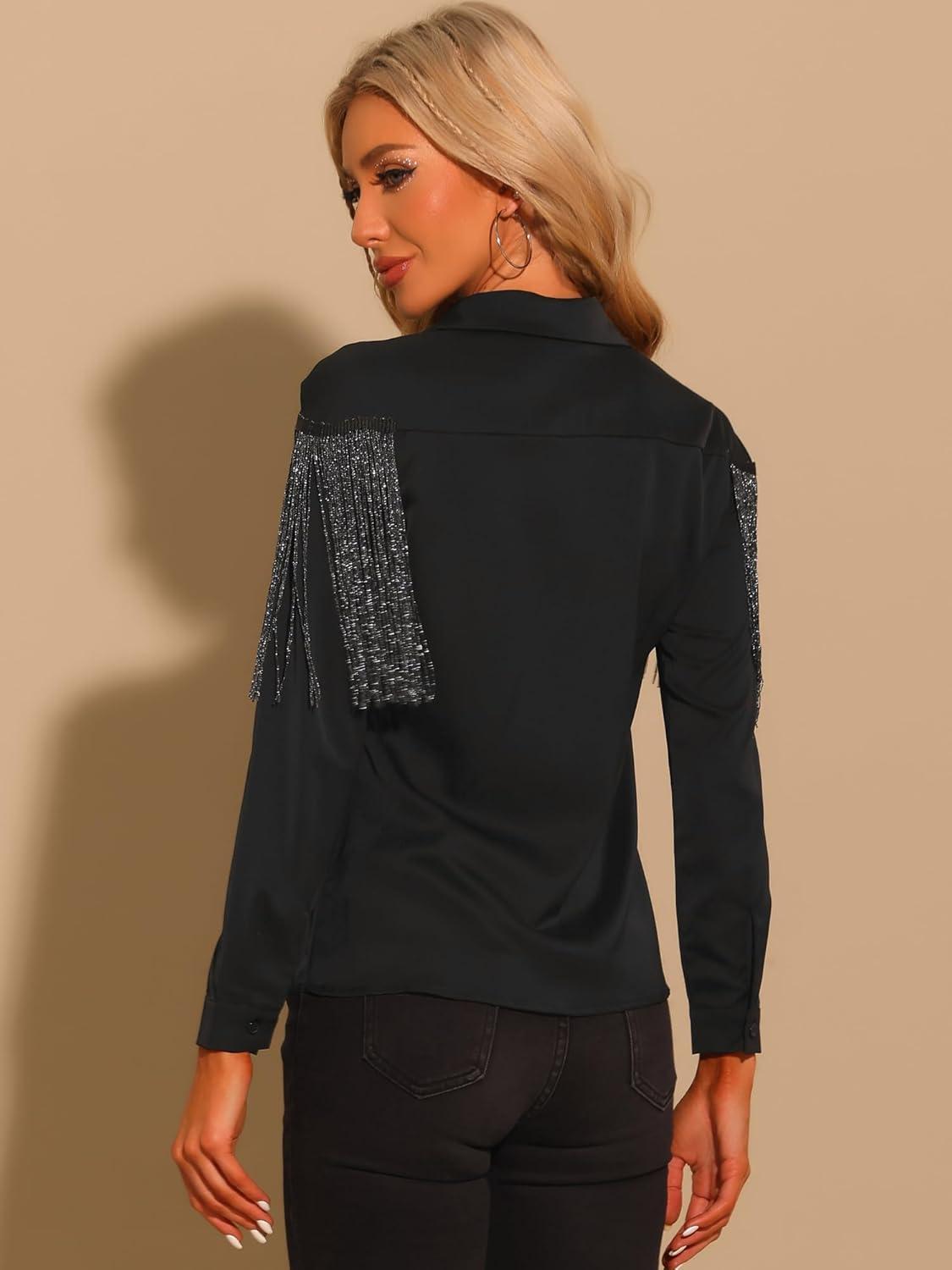 imageAllegra K Womens Western Fringe Blouse Long Sleeve Button Down Disco Cowgirl ShirtsBlack
