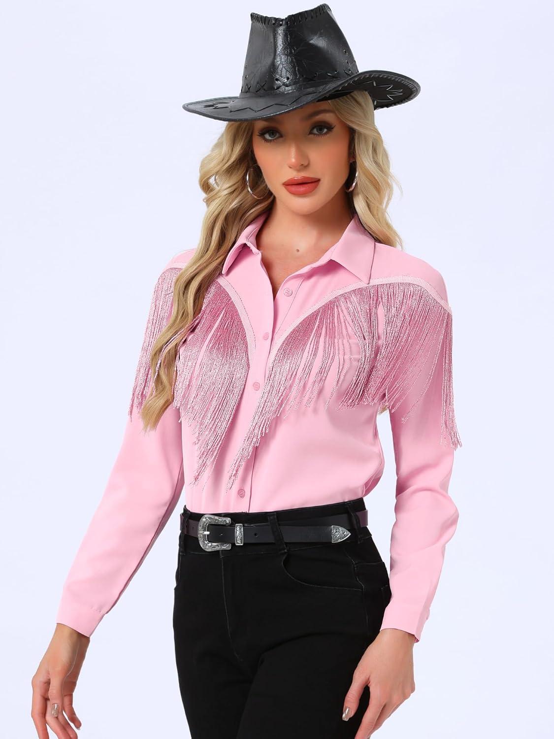 imageAllegra K Womens Western Fringe Blouse Long Sleeve Button Down Disco Cowgirl ShirtsBright Pink