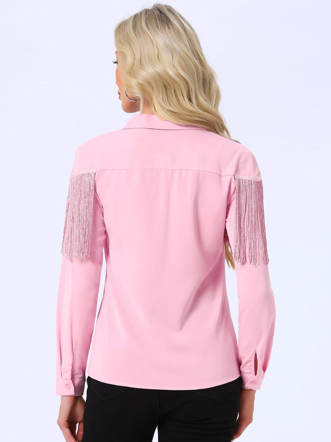 imageAllegra K Womens Western Fringe Blouse Long Sleeve Button Down Disco Cowgirl ShirtsBright Pink