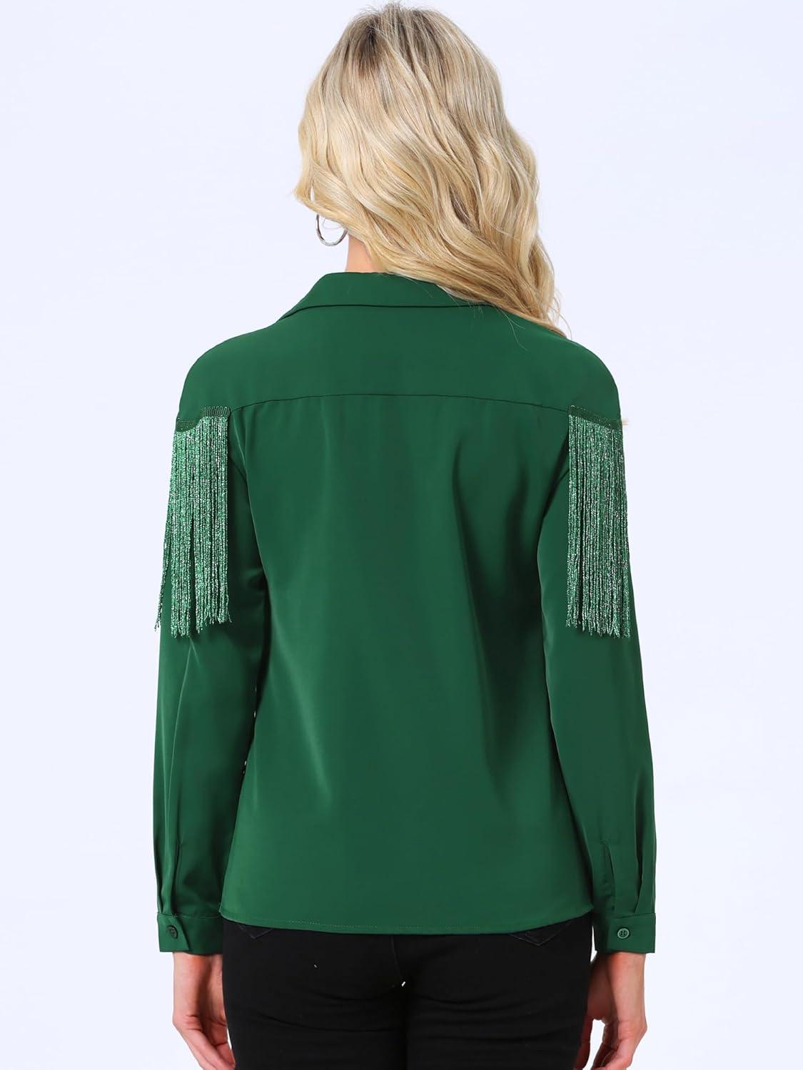 imageAllegra K Womens Western Fringe Blouse Long Sleeve Button Down Disco Cowgirl ShirtsDark Green