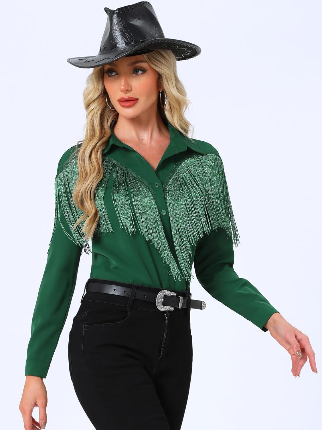 imageAllegra K Womens Western Fringe Blouse Long Sleeve Button Down Disco Cowgirl ShirtsDark Green