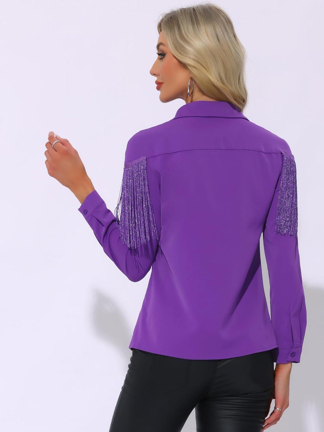 imageAllegra K Womens Western Fringe Blouse Long Sleeve Button Down Disco Cowgirl ShirtsDark Purple