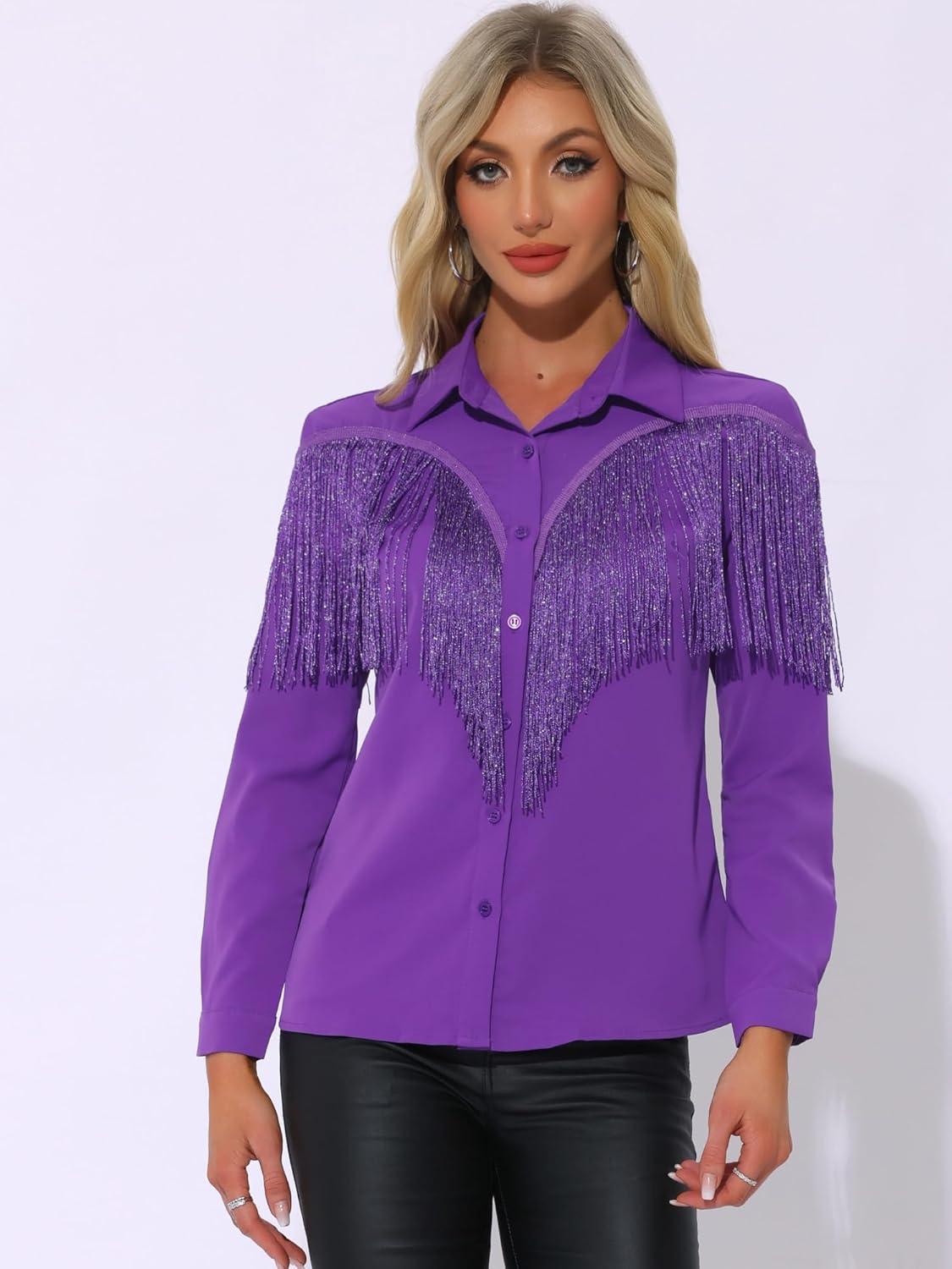 imageAllegra K Womens Western Fringe Blouse Long Sleeve Button Down Disco Cowgirl ShirtsDark Purple