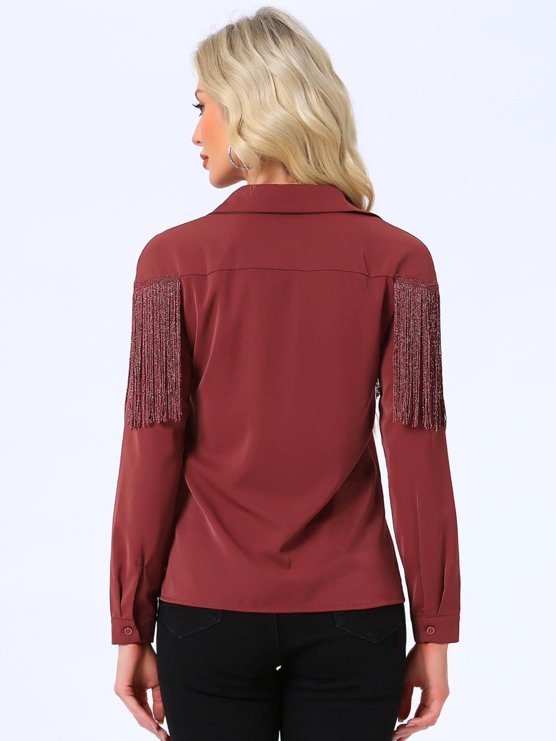 imageAllegra K Womens Western Fringe Blouse Long Sleeve Button Down Disco Cowgirl ShirtsDark Red