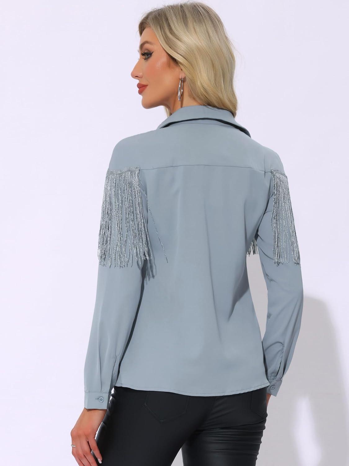 imageAllegra K Womens Western Fringe Blouse Long Sleeve Button Down Disco Cowgirl ShirtsGrey Blue