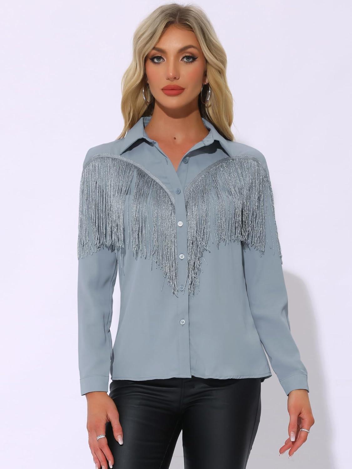 imageAllegra K Womens Western Fringe Blouse Long Sleeve Button Down Disco Cowgirl ShirtsGrey Blue