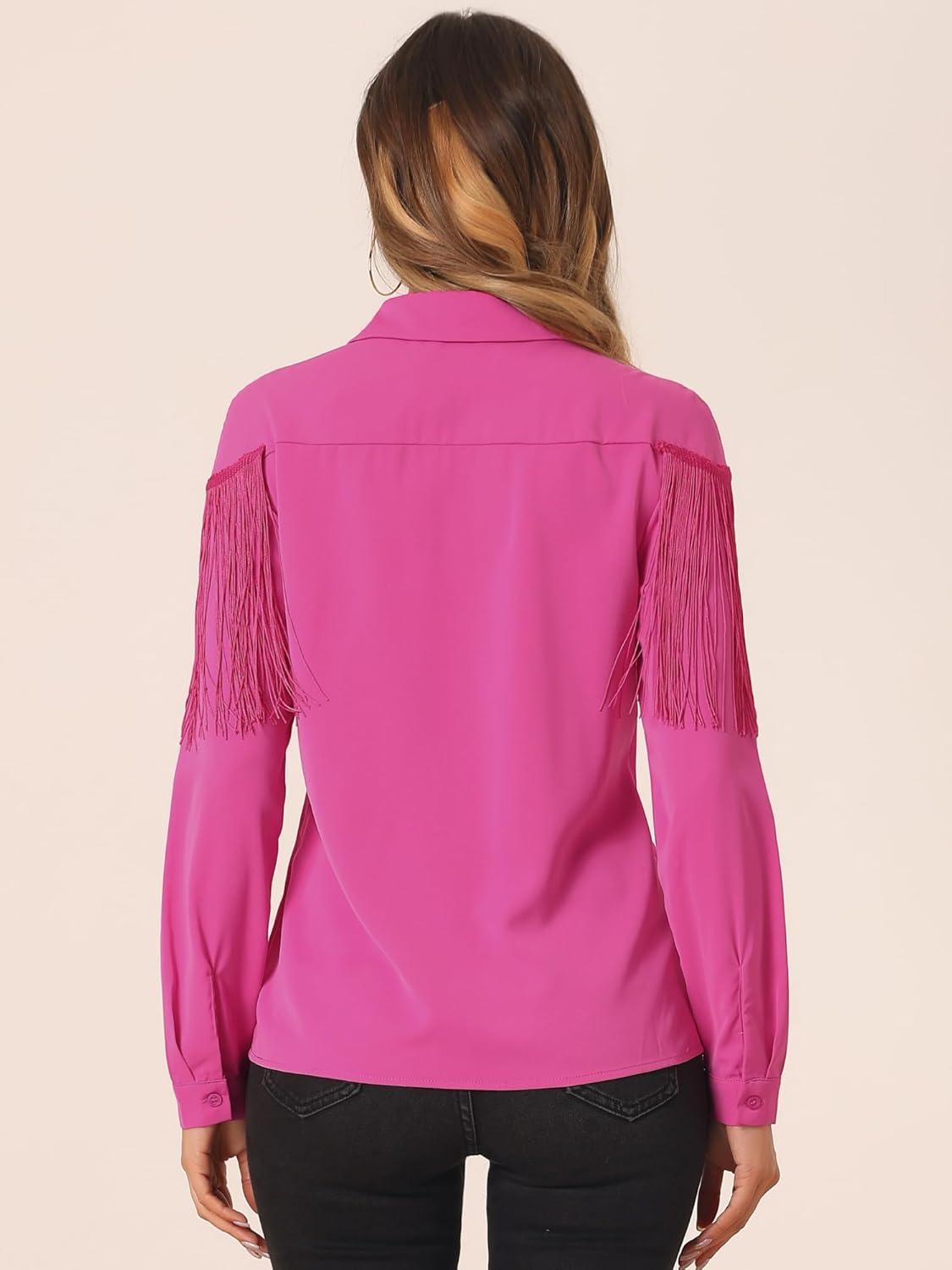 imageAllegra K Womens Western Fringe Blouse Long Sleeve Button Down Disco Cowgirl ShirtsHot Pink