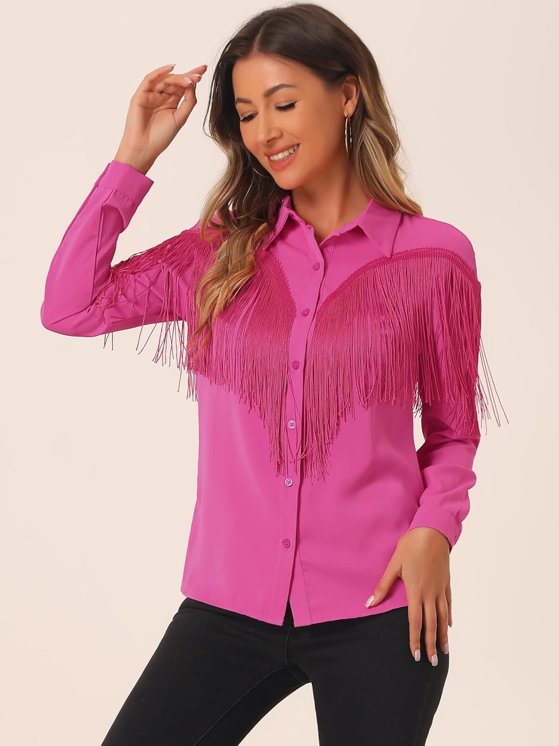 imageAllegra K Womens Western Fringe Blouse Long Sleeve Button Down Disco Cowgirl ShirtsHot Pink