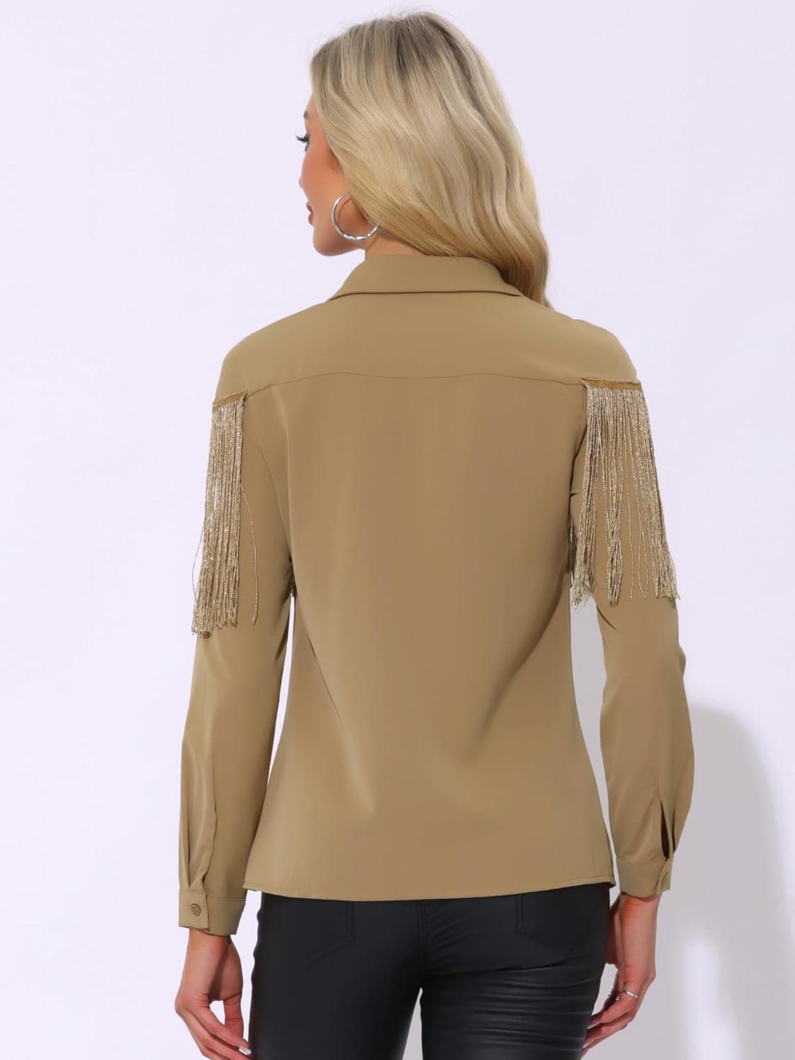 imageAllegra K Womens Western Fringe Blouse Long Sleeve Button Down Disco Cowgirl ShirtsKhaki