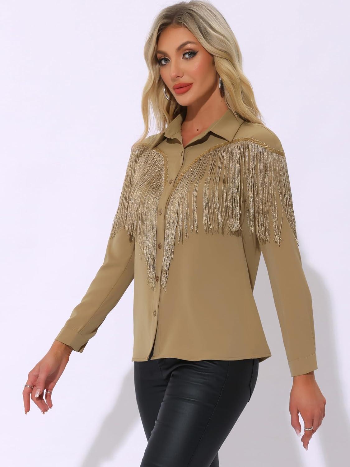 imageAllegra K Womens Western Fringe Blouse Long Sleeve Button Down Disco Cowgirl ShirtsKhaki