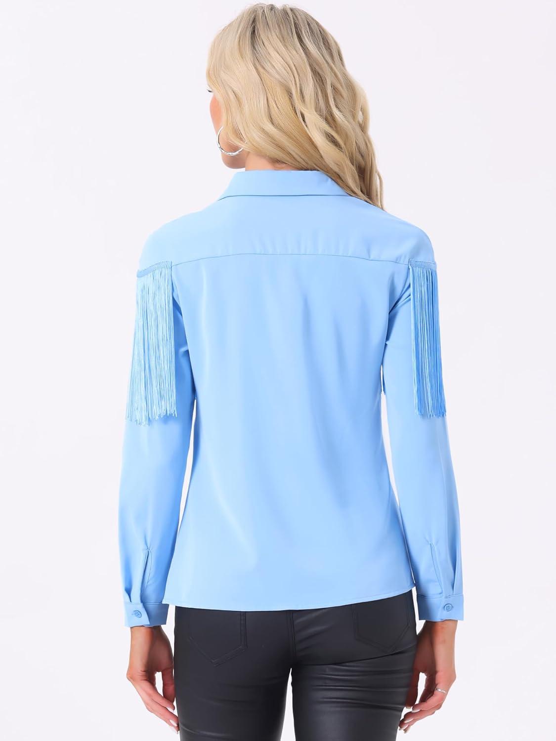 imageAllegra K Womens Western Fringe Blouse Long Sleeve Button Down Disco Cowgirl ShirtsSky Blue