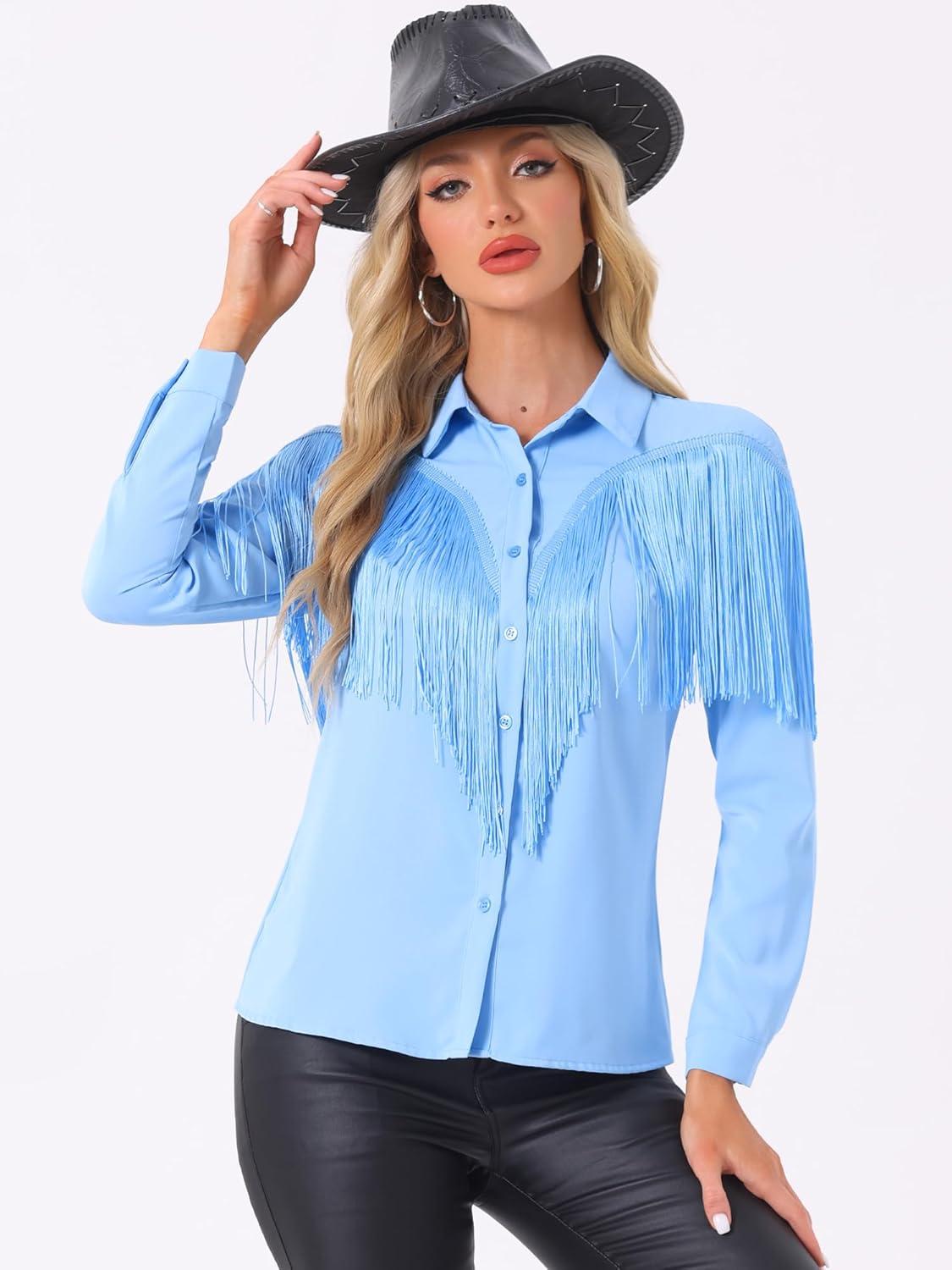 imageAllegra K Womens Western Fringe Blouse Long Sleeve Button Down Disco Cowgirl ShirtsSky Blue
