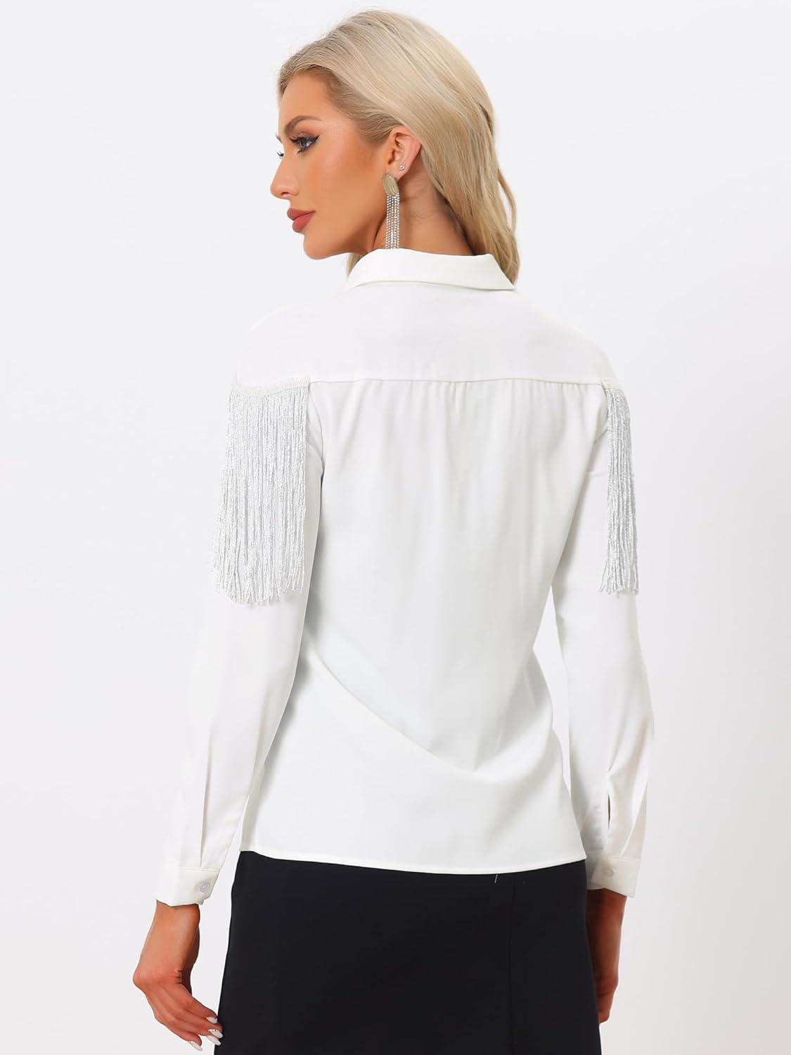 imageAllegra K Womens Western Fringe Blouse Long Sleeve Button Down Disco Cowgirl ShirtsWhite