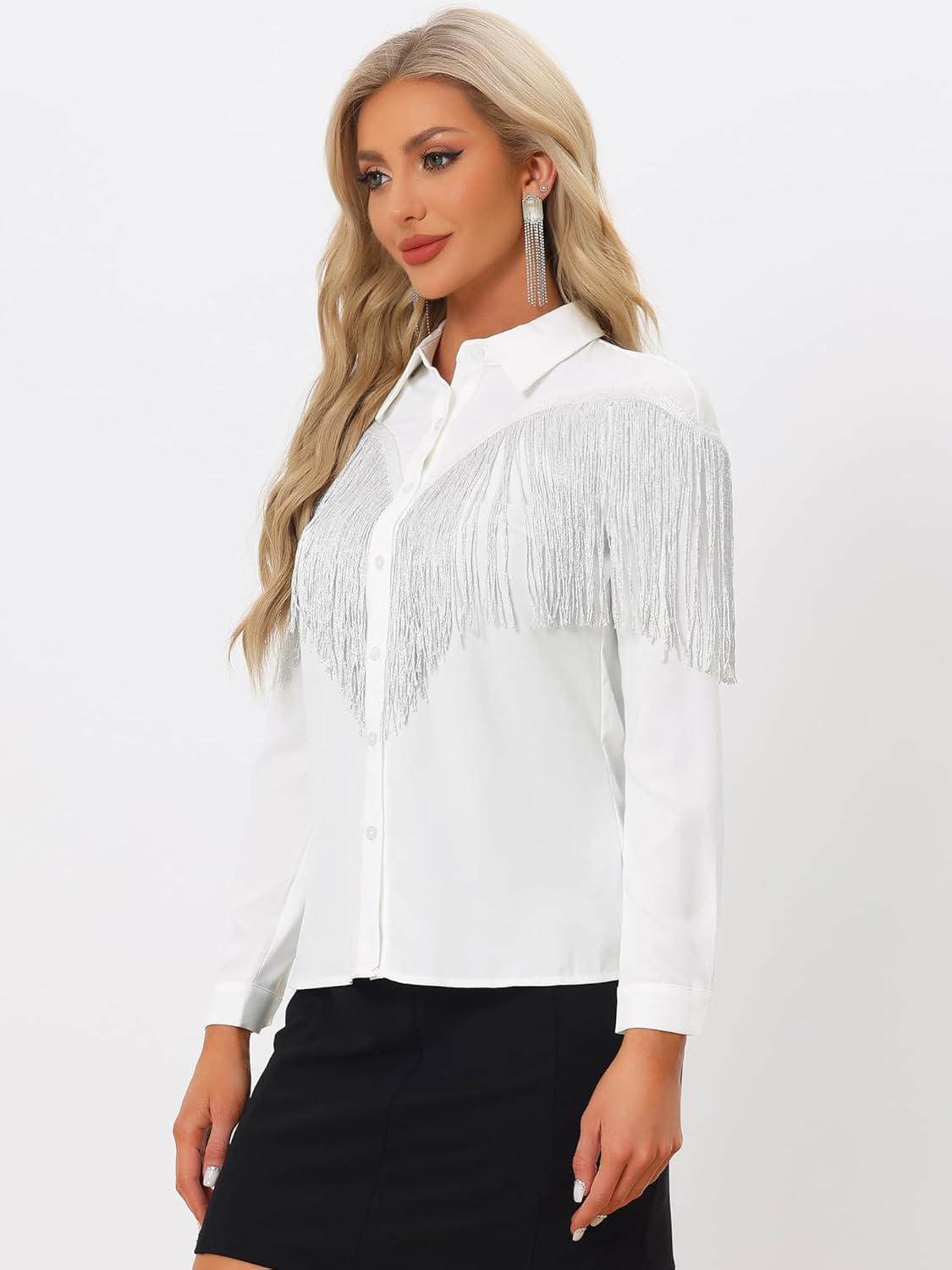 imageAllegra K Womens Western Fringe Blouse Long Sleeve Button Down Disco Cowgirl ShirtsWhite