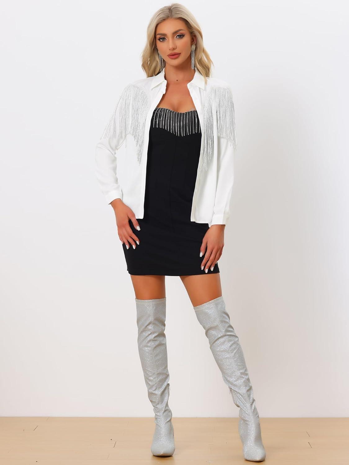 imageAllegra K Womens Western Fringe Blouse Long Sleeve Button Down Disco Cowgirl ShirtsWhite