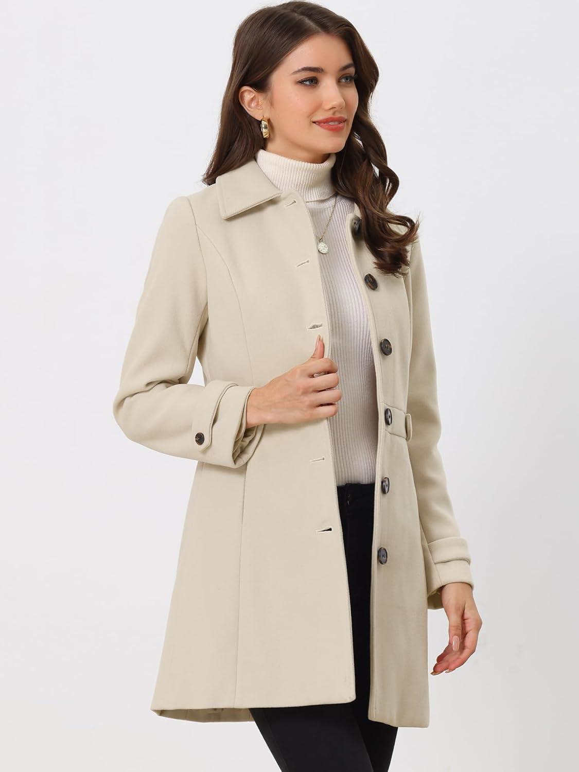imageAllegra K Womens Winter Classic Outwear Overcoat with Pockets Single Breasted Pea CoatBeige