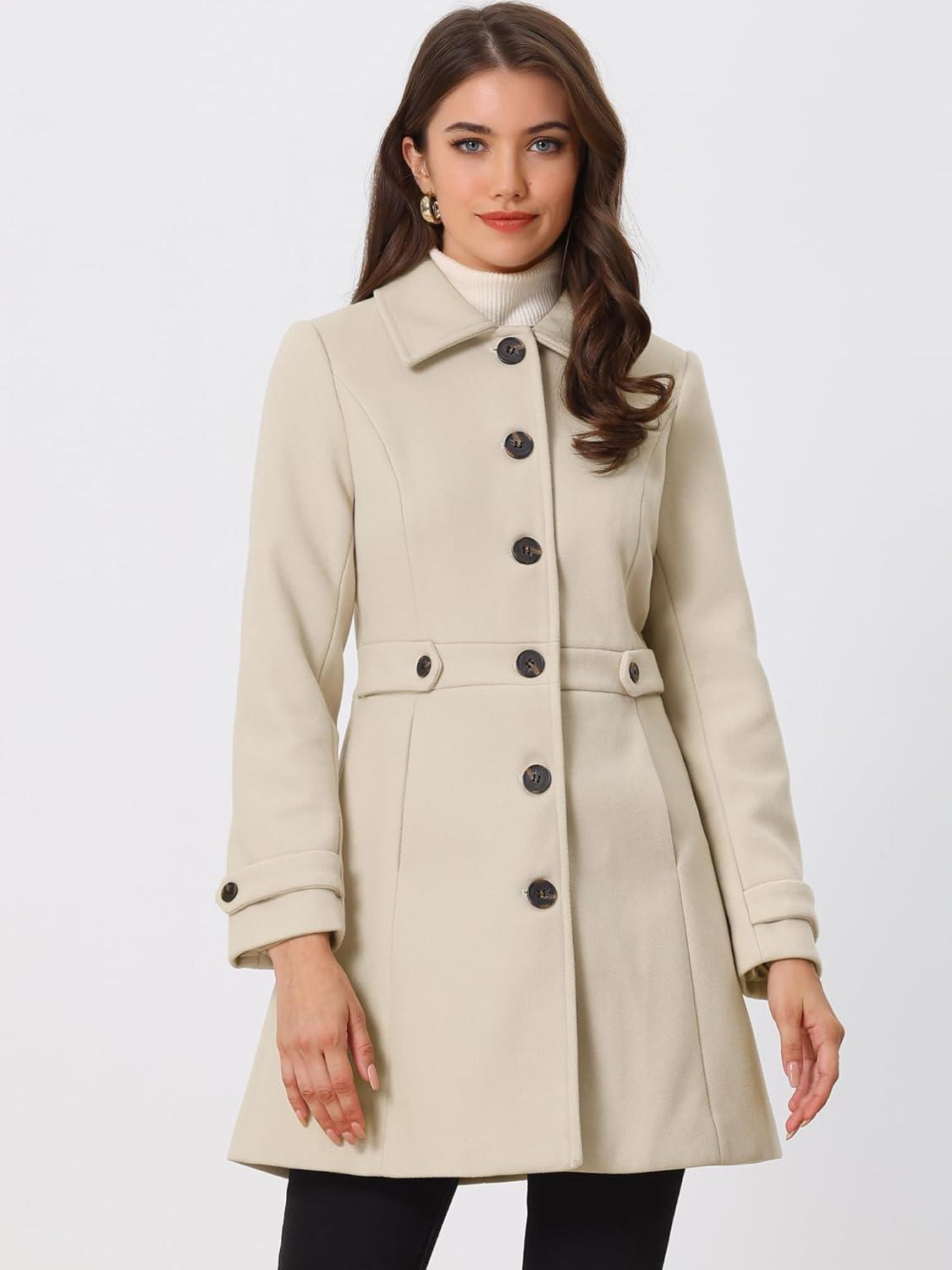 imageAllegra K Womens Winter Classic Outwear Overcoat with Pockets Single Breasted Pea CoatBeige