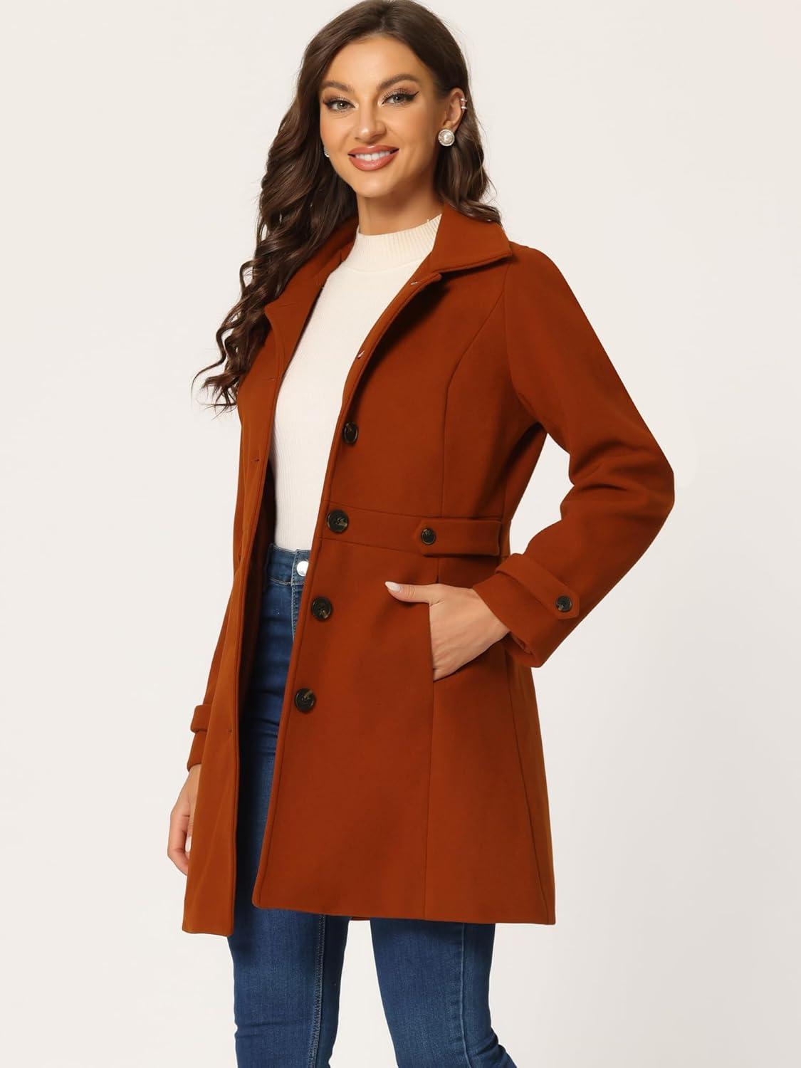 imageAllegra K Womens Winter Classic Outwear Overcoat with Pockets Single Breasted Pea CoatBrick Red