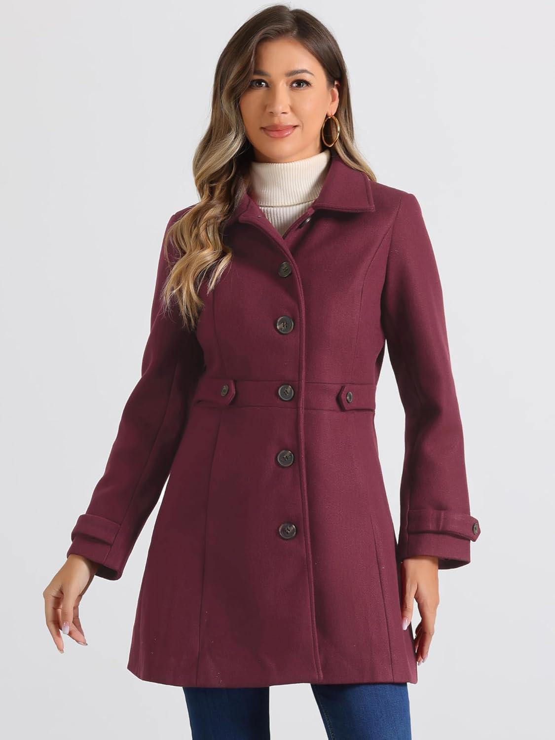 imageAllegra K Womens Winter Classic Outwear Overcoat with Pockets Single Breasted Pea CoatBurgundy