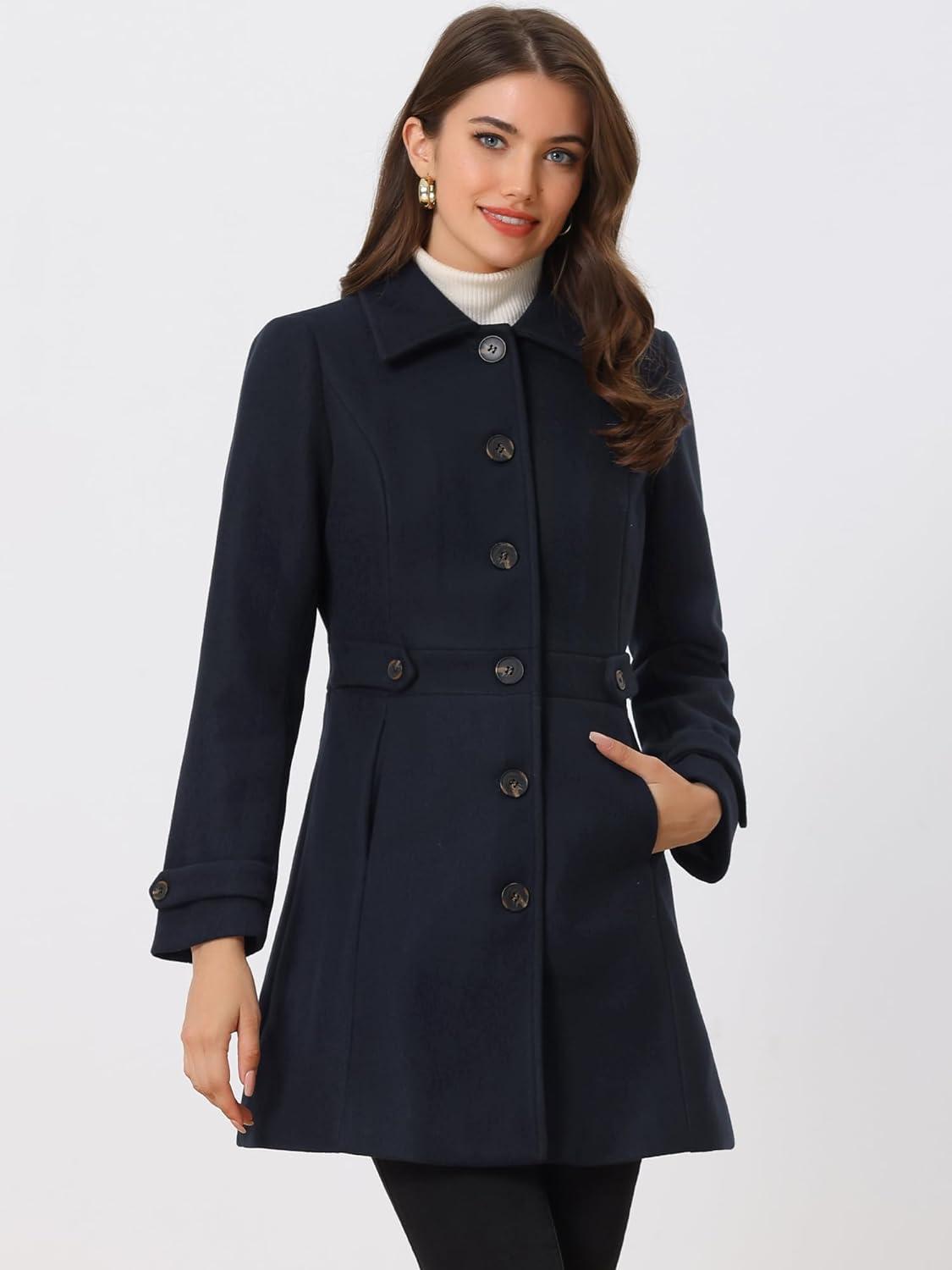 imageAllegra K Womens Winter Classic Outwear Overcoat with Pockets Single Breasted Pea CoatDark Blue