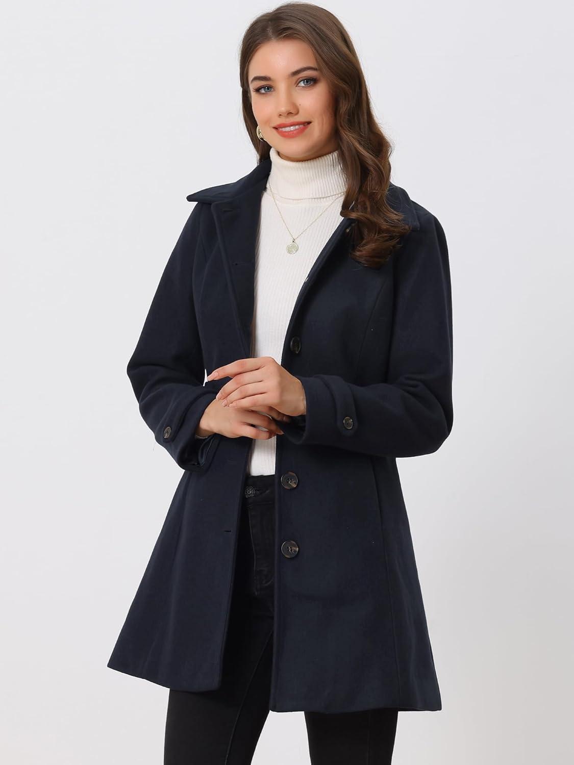 imageAllegra K Womens Winter Classic Outwear Overcoat with Pockets Single Breasted Pea CoatDark Blue