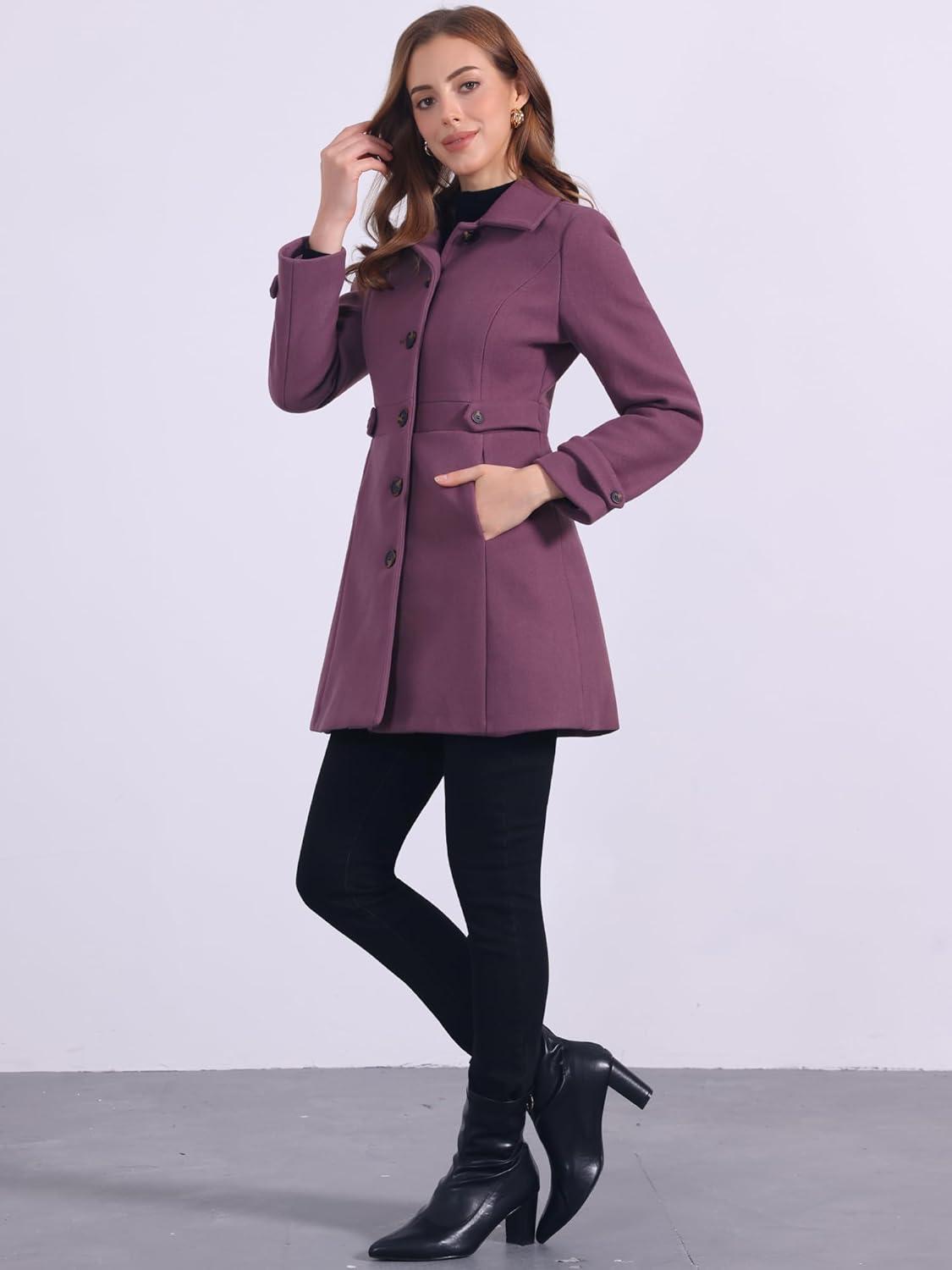 imageAllegra K Womens Winter Classic Outwear Overcoat with Pockets Single Breasted Pea CoatDusty Purple