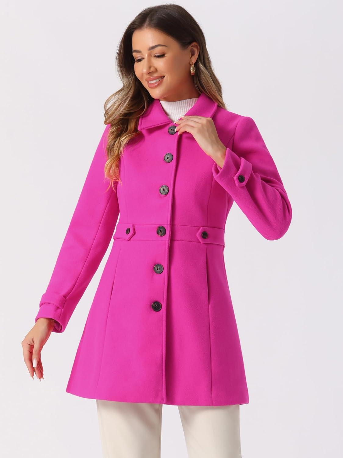 imageAllegra K Womens Winter Classic Outwear Overcoat with Pockets Single Breasted Pea CoatHot Pink