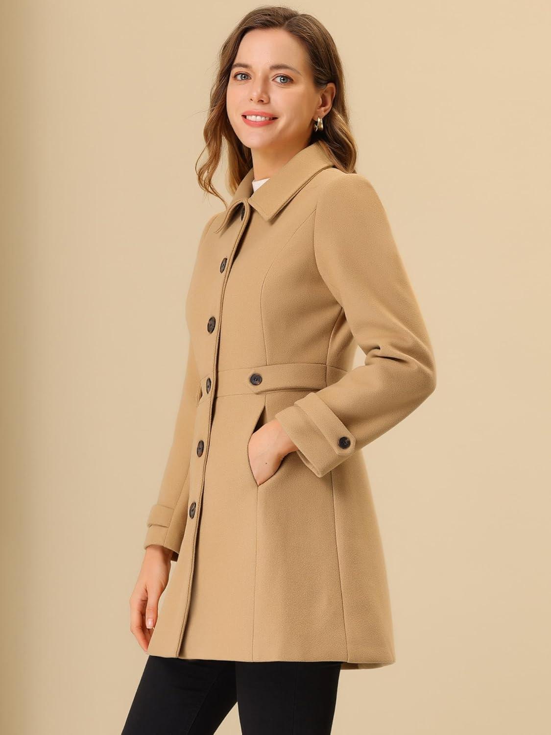 imageAllegra K Womens Winter Classic Outwear Overcoat with Pockets Single Breasted Pea CoatKhaki