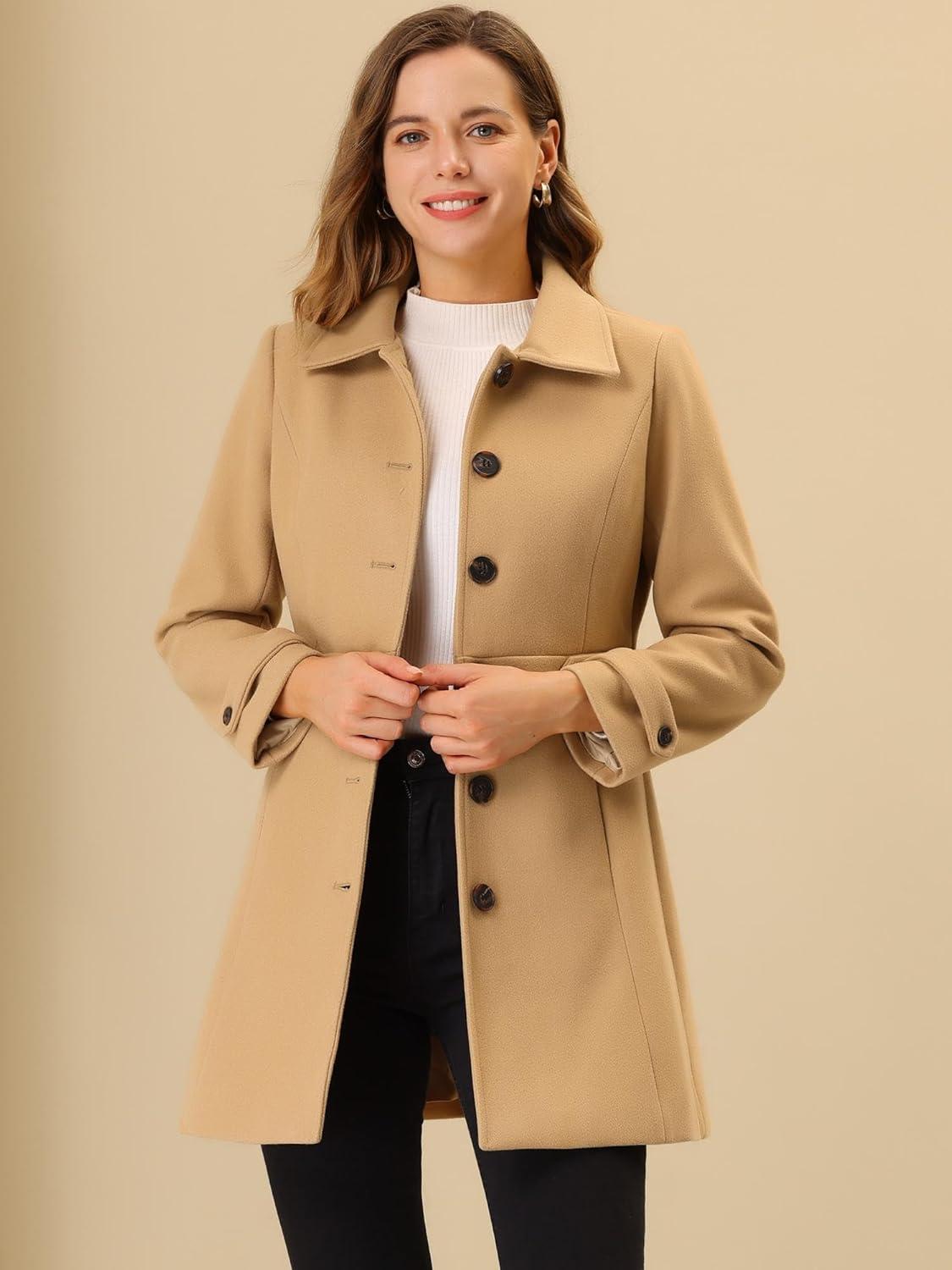 imageAllegra K Womens Winter Classic Outwear Overcoat with Pockets Single Breasted Pea CoatKhaki