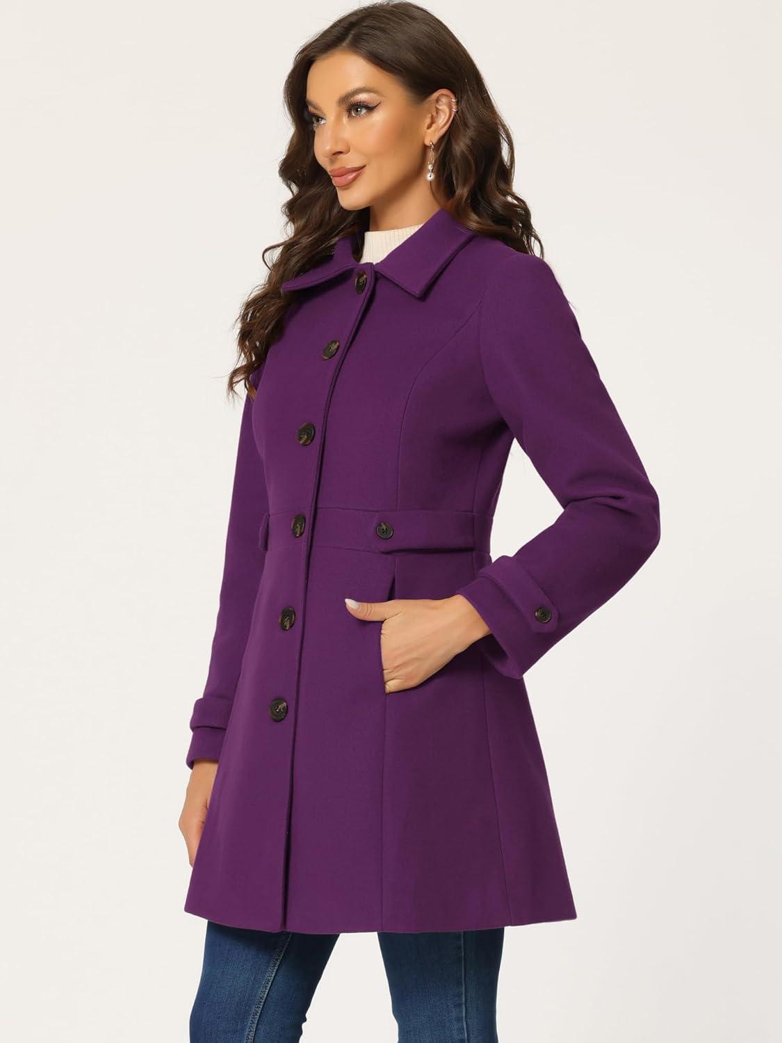 imageAllegra K Womens Winter Classic Outwear Overcoat with Pockets Single Breasted Pea CoatPurple