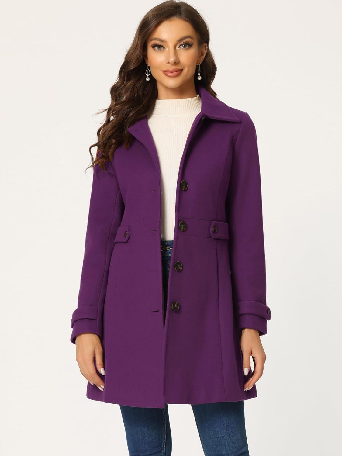 imageAllegra K Womens Winter Classic Outwear Overcoat with Pockets Single Breasted Pea CoatPurple