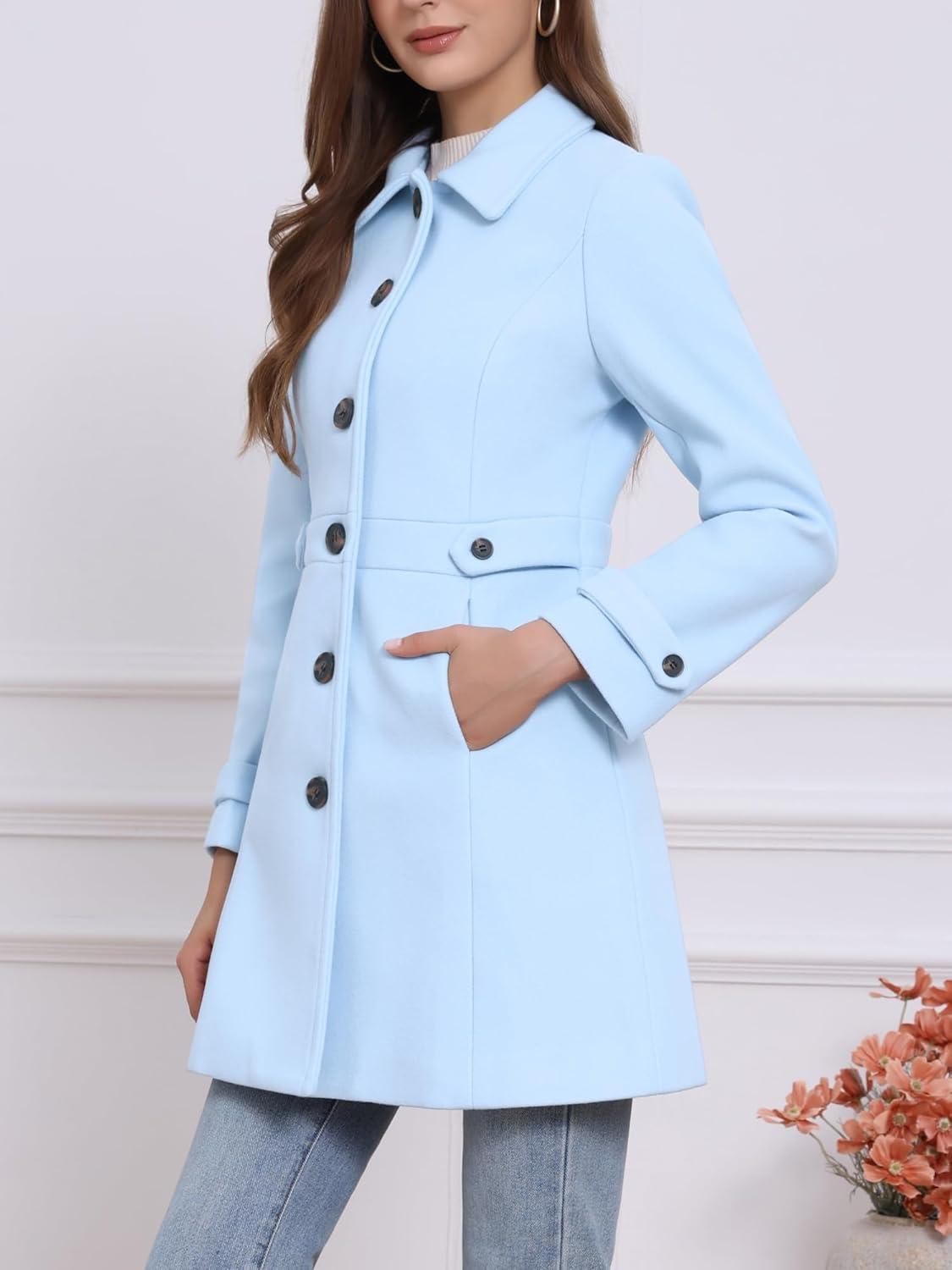imageAllegra K Womens Winter Classic Outwear Overcoat with Pockets Single Breasted Pea CoatSky Blue