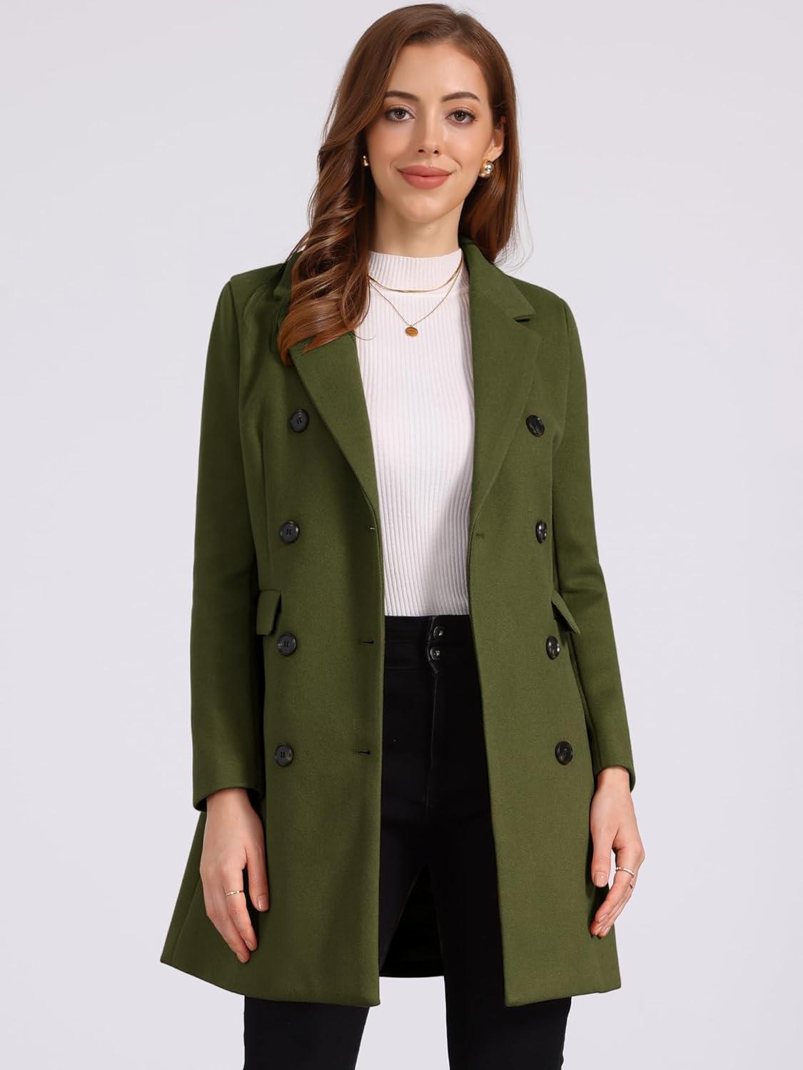 imageAllegra K Womens Winter Coat Elegant Notched Lapel Double Breasted Trench CoatArmy Green
