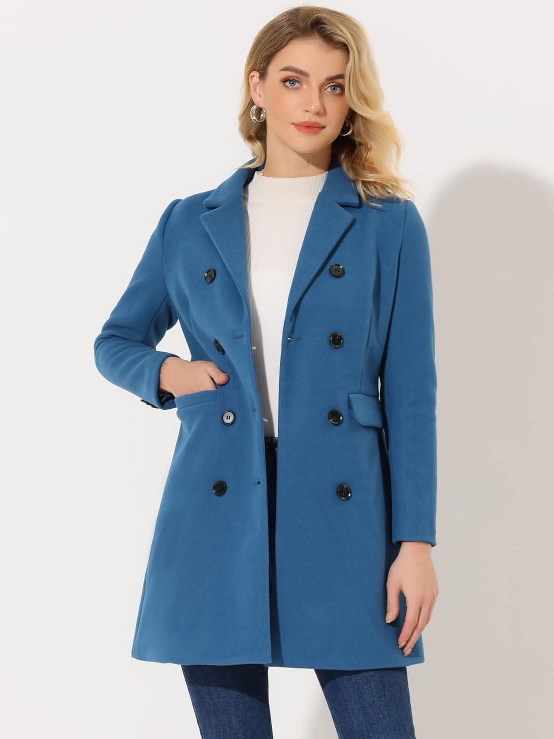 imageAllegra K Womens Winter Coat Elegant Notched Lapel Double Breasted Trench CoatBlue Gray