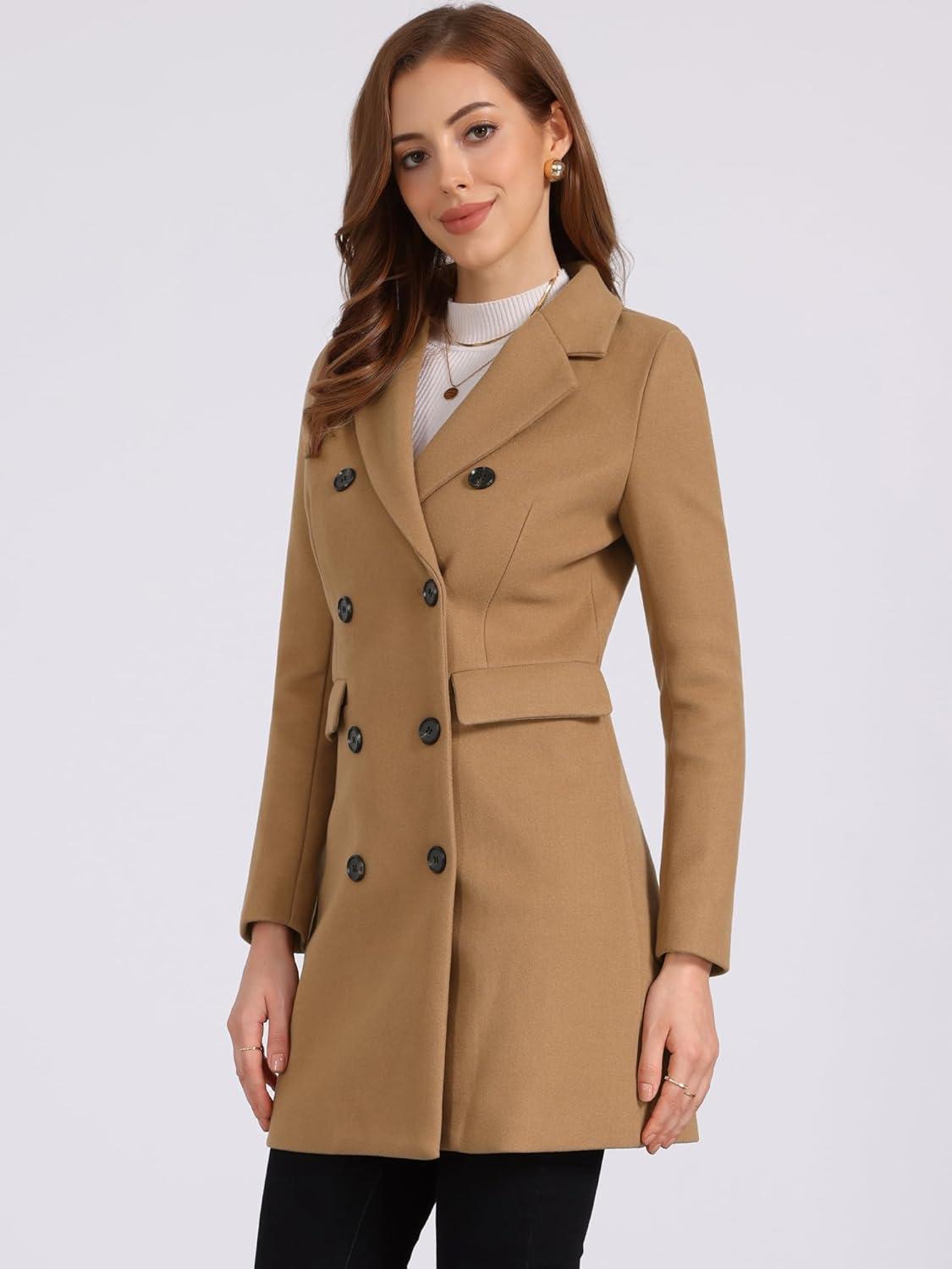 imageAllegra K Womens Winter Coat Elegant Notched Lapel Double Breasted Trench CoatCamel